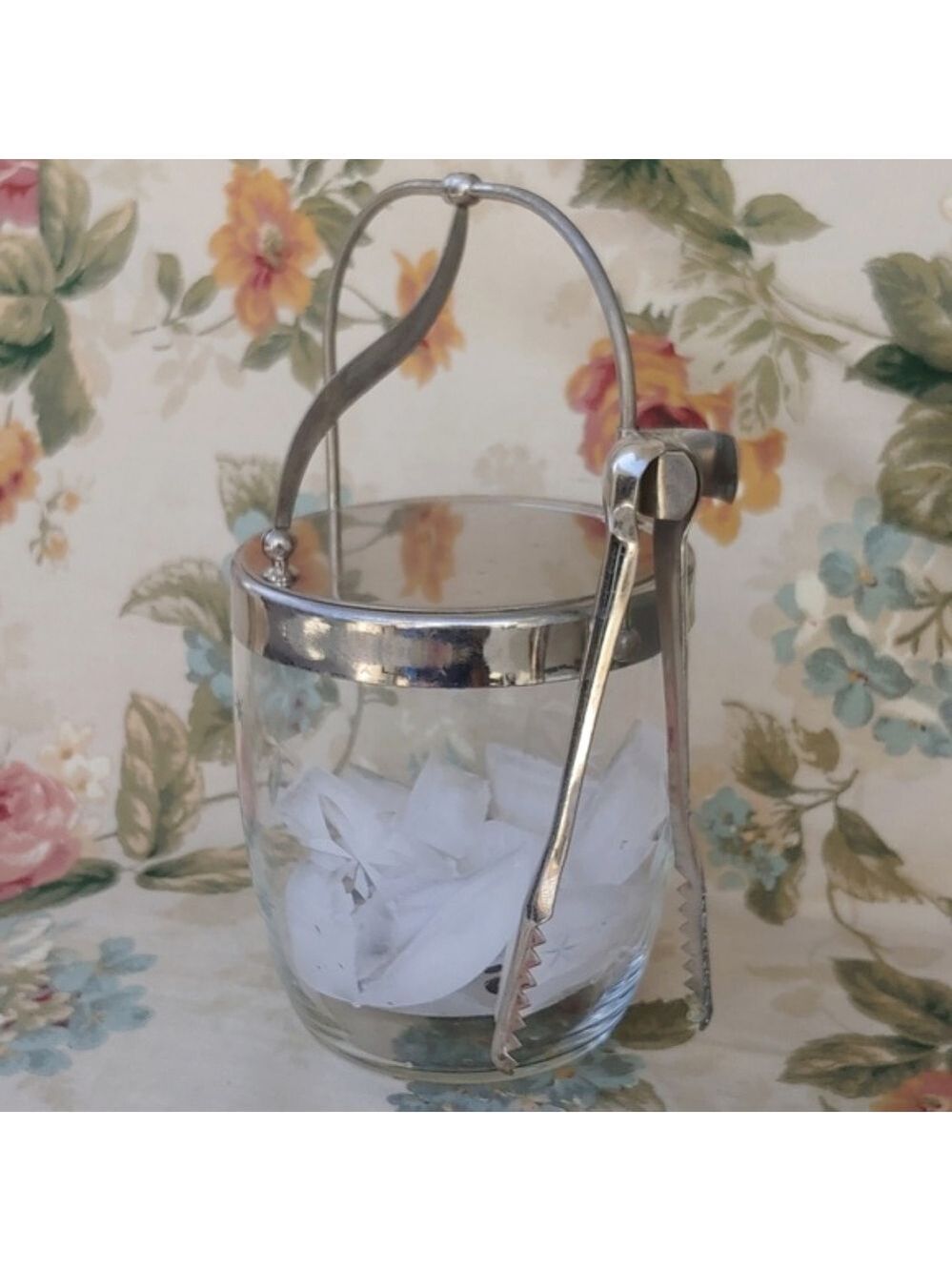 Vintage Etched Crystal Ice Bucket with Stainless Steel Lid and Tongs